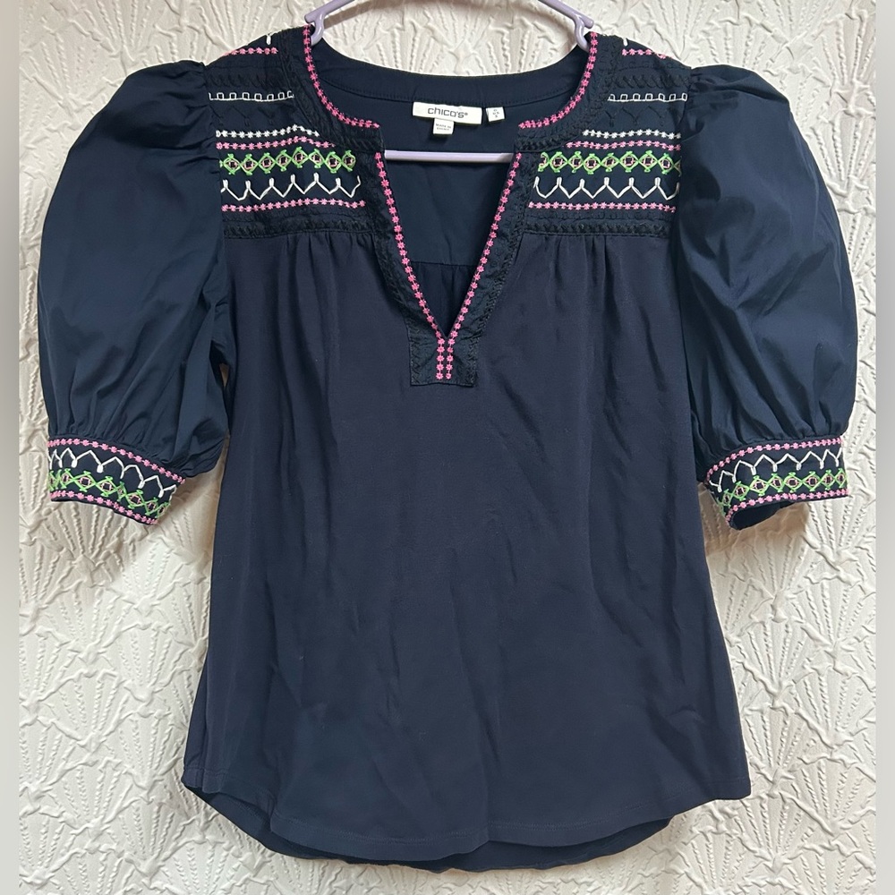 Chico's Dark Blue Size Small Embroidered Blouse